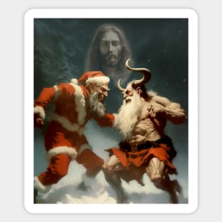 True Christmas: Jesus Christ Observes the Epic Battle Between Santa Claus and Krampus on a Dark Background Sticker